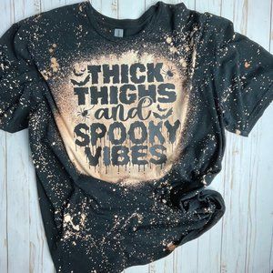 Thick Thighs Spooky Vibes Graphic Bleaced T-Shirt Fun & Cute Unisex XL